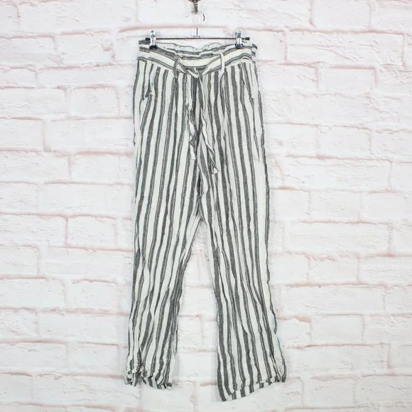Jolt Womens Black White Striped Wide Leg Tie Paper Bag Linen Pants Size M - Picture 1 of 9